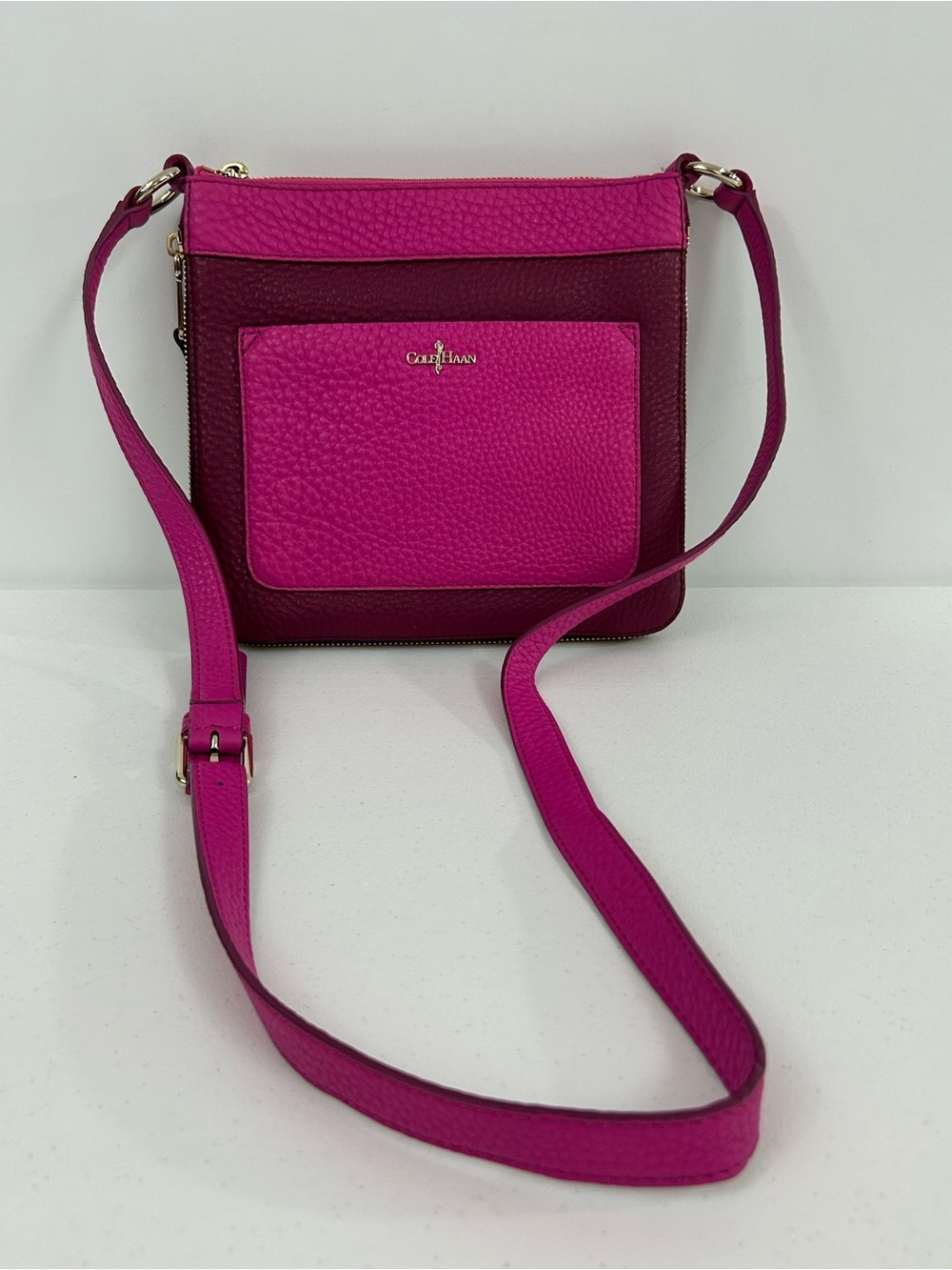 Cole Haan Pebbled Two-Tone Pink Leather Expandable Crossbody Bag